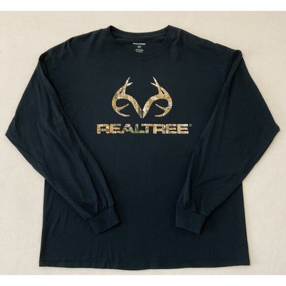 Mens Real tree XL Black Crew Long Sleeve Graphic Tee Horns - Picture 1 of 7